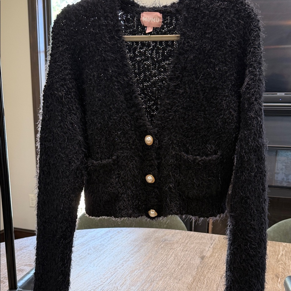 Show Me Your MuMu Black Fuzzy Cardigan with Pearl Buttons